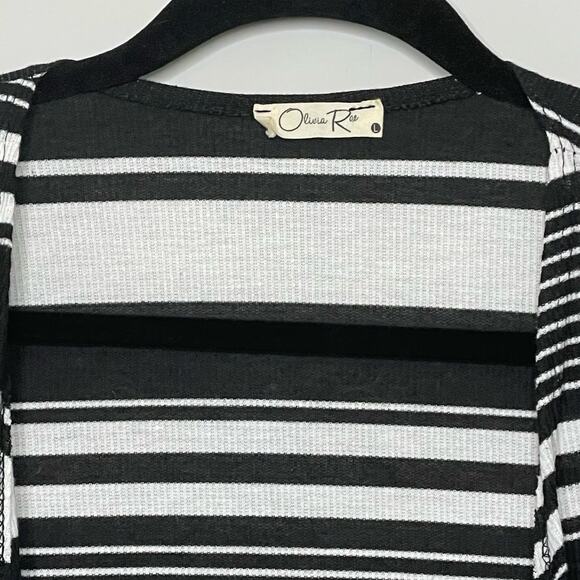 Olivia Rae Cardigan Sweater Open Front Waffle‎ Knit Striped Black White Large - Picture 2 of 12